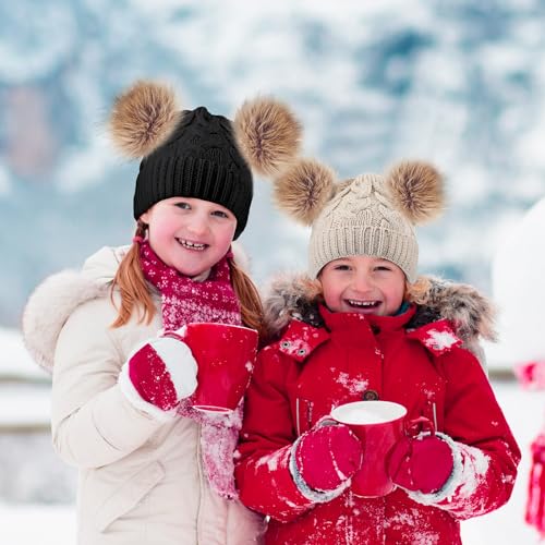Geyoga 3 Pcs Winter Baby Beanies Double Pompom - color: Black, Light Pink, Khaki