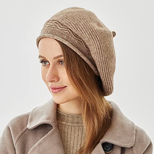 FENELY Beret Hat for Women, French Style Beanie Winter Fashion Warm Thickened Lining Knit Cap - color: Khaki