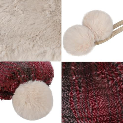 Holiberty Womens Winter Knit Beanie Hat Ladies Fur Pom Poms Ears Warm Slouchy Snow Ski Cap Fleece Thermal Ushanka Trapper Hat - color: Red, Striped