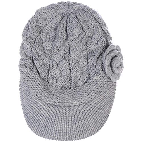 Womens Winter Elegant Cable Flower Knitted Newsboy Cabbie Cap Beret Beanie Hat with Visor, Warm Plush Fleece Lined - color: Light Gray Cable Flower