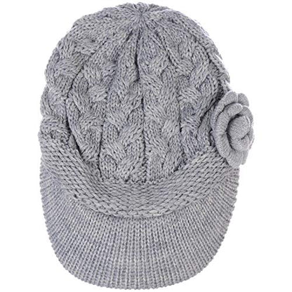 Womens Winter Elegant Cable Flower Knitted Newsboy Cabbie Cap Beret Beanie Hat with Visor, Warm Plush Fleece Lined - color: Light Gray Cable Flower