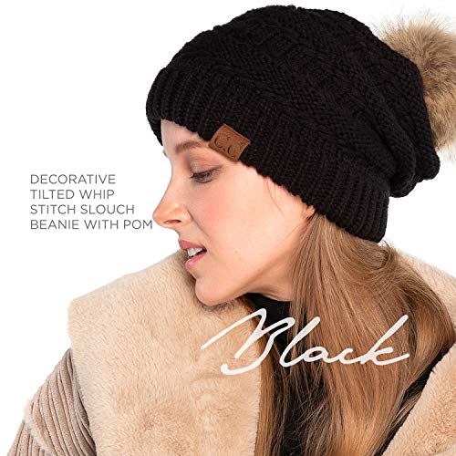 C.C Hatsandscarf Exclusives Unisex Solid Ribbed Beanie with Pom (HAT-43) - color: A Black-tilted Stitch