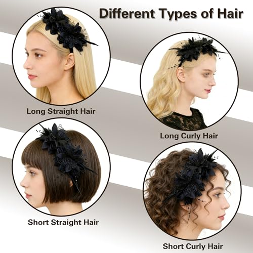 Fascinators for Women Ribbon Feather Tea Party Headwear - color: Black