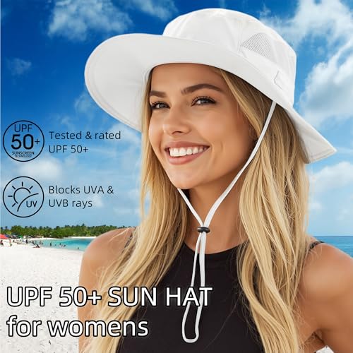 Connectyle Women's UPF 50+ Sun Hat UV Protection Wide Brim Bucket Hat Summer Beach Hats Fishing Hiking Outdoor Safari Hats - color: White