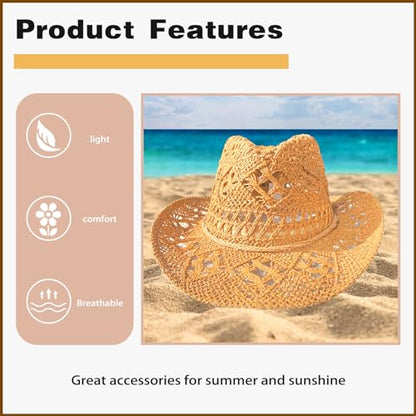 Straw Cowboy Hats for Women Men Western Cowgirl Hat Foldable Wide Brim Cowboy Hat Travel Vacation Beach Sun Hats - color: Khaki