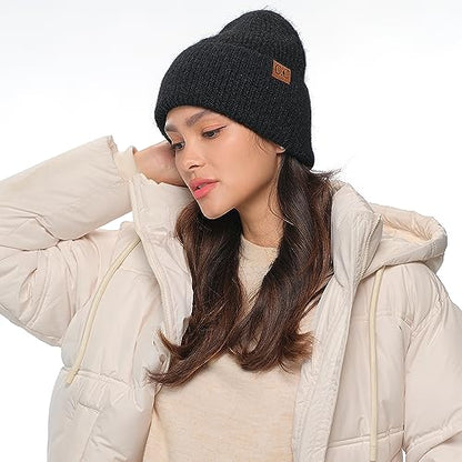 C.C Fuzzy Beanie for Women Unisex - Acrylic Stretchable Soft Warm Knit Winter Skully Hat - color: Recycled Yarn-black