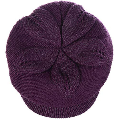 BYOS Womens Winter Chic Cable Warm Fleece Lined Crochet Knit Hat W/Visor Newsboy Cabbie Cap - color: Braided Front Purple