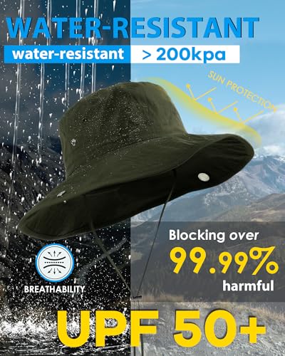 Wide Brim Waterproof Bucket Rain Hat for Women Men UPF50+ Cowboy Sun Hat - color: Army Green