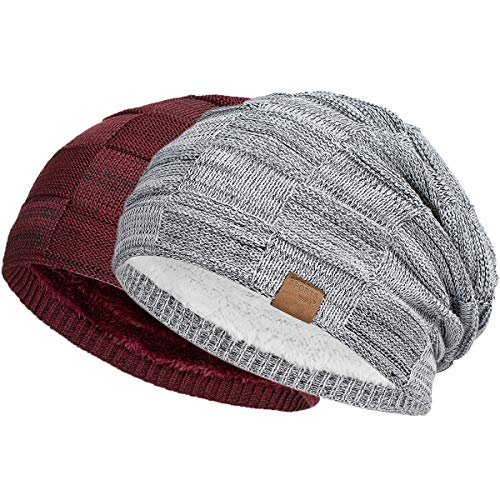 Vgogfly Slouchy Beanie for Men Winter Hats for Guys Cool Beanies Mens Lined Knit Warm Thick Skully Stocking Binie Hat Pairs - color: Light Grey / Wine