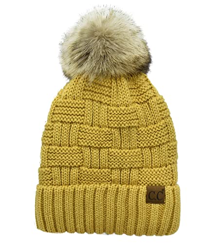 C.C Knit Beanie Hat – Fuzzy Fleece Lined Warm Winter Hat, Faux Fur Pom Soft Stretchy Slouchy Knit Cap, Cold Weather Beanie - color: Honey Mustard
