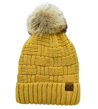 C.C Knit Beanie Hat – Fuzzy Fleece Lined Warm Winter Hat, Faux Fur Pom Soft Stretchy Slouchy Knit Cap, Cold Weather Beanie - color: Honey Mustard