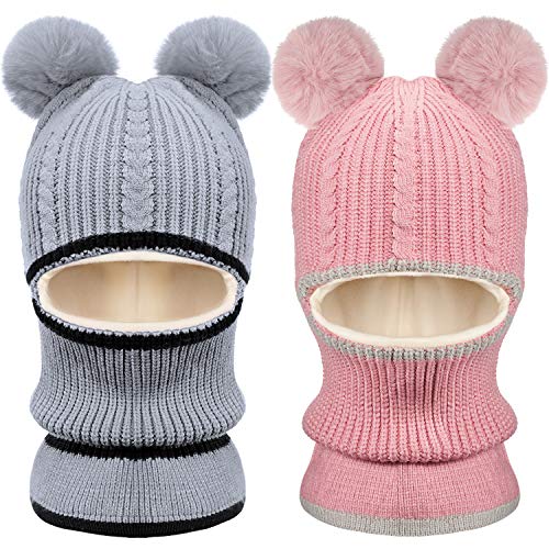 2 Pieces Kids Hood Scarf Kids Knit Hat Winter Thick Earflap Skull Caps for Boy Girls - color: Pink, Gray