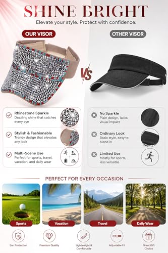 Shiny Women's Bling Rhinestone Visor Sun Protection for Tennis Golf Beach - color: Khakisliverf