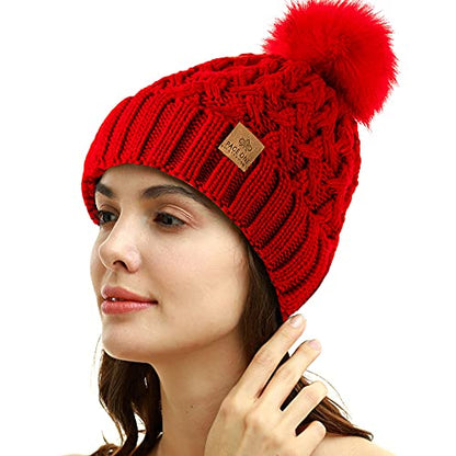 PAGE ONE Womens Winter Ribbed Beanie Crossed Cap Chunky Cable Knit Pompom Soft Warm Hat - color: Red