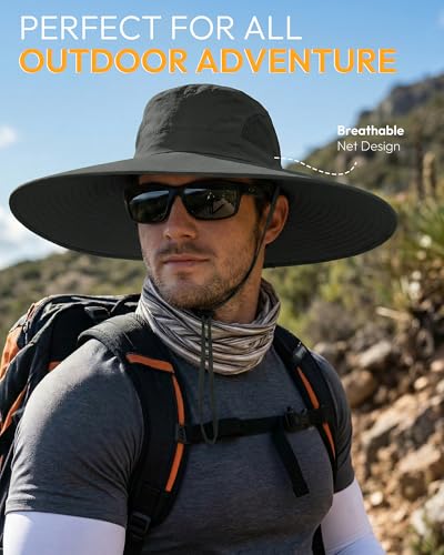 Mens Sun Hat Super Wide Brim Waterproof Breathable Bucket Hats for Men - color: Dark Grey