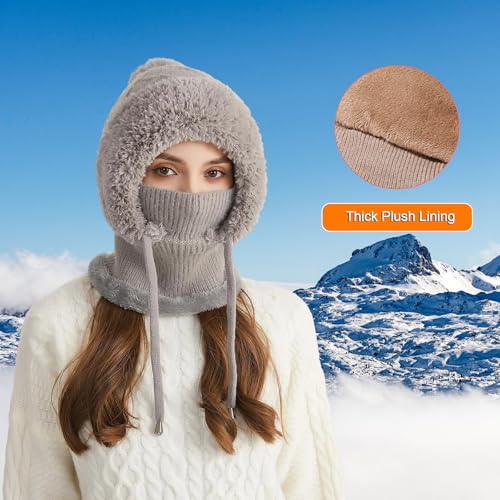 HUAMULAN Women Cable Knit Balaclavas Winter Fleece Lined Beanie Hat - color: Gray With String