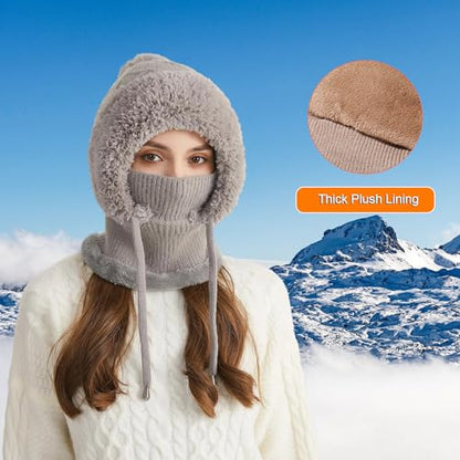 HUAMULAN Women Cable Knit Balaclavas Winter Fleece Lined Beanie Hat - color: Gray With String