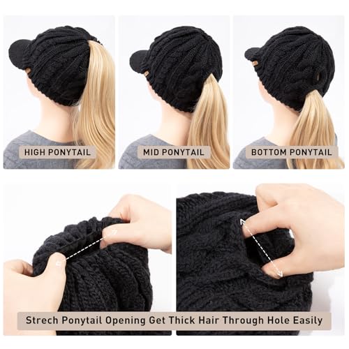 ChicPony™ Merino Wool Visor Ponytail Beanie with Brim Fleece Lined 3 Bun Openings Hole Warm Windproof Knit Cap Winter Hat - color: Classic Black(pony)