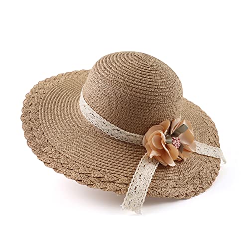 Baby Girl Straw Hat 3-6 Years Girls Summer Beach Hats with Bowknot Sun Protection Hats for Kids - color: Khaki Flower