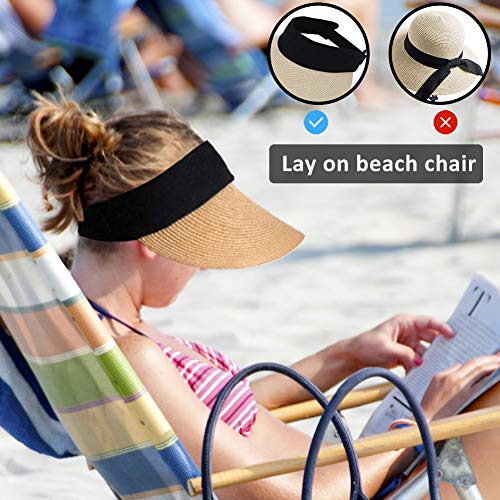 Women Straw Sun Visor Hat Wide Brim Summer UV Protection Beach Cap Foldable Packale Korean Style - color: Khaki