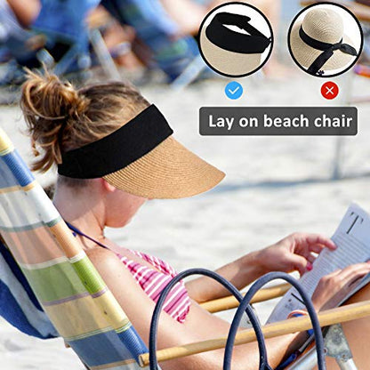 Women Straw Sun Visor Hat Wide Brim Summer UV Protection Beach Cap Foldable Packale Korean Style - color: Khaki