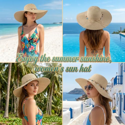Women's Straw Sun Hat UPF80 UV Protection Foldable Wide Brim Summer Hat Sweatband Adjustable Floppy Beach Hats for Women - color: Beige-shell
