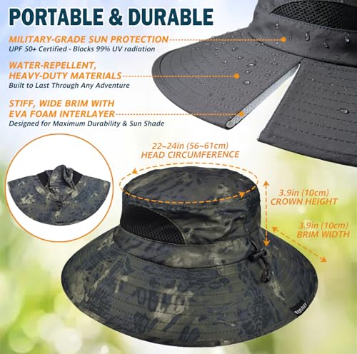 Wide Brim Sun Bucket Hat, Waterproof Boonie Hat for Men & Women - color: 05 Army Geen (Camo)