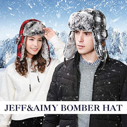 Jeff & Aimy Stylish Plaid Winter Wool Trapper Faux Fur Earflap Hunting Hat Ushanka Russian Cold Weather Thick Lined 55-61CM - color: Red, size: Medium