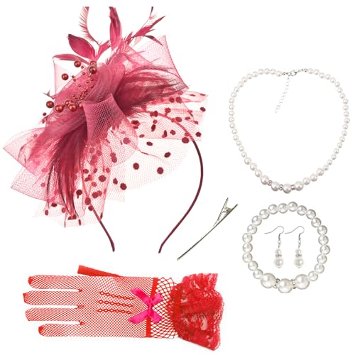 AQOKKA Women Fascinators Hats Flower Fascinators with Headband and Clip Tea Party Headwear for Women and Girls - color: Burgundy a