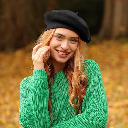 Lanzom Wool Blend Women Beret Hat French Beret Cap Winter Fashion Solid Color Hat for Women Girls Lady - color: Black