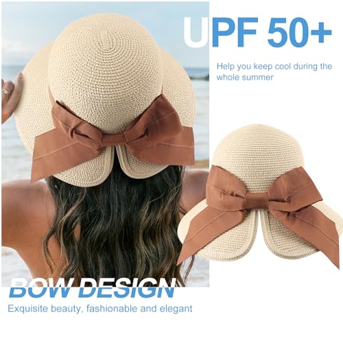 DRESHOW Sun Hats for Women Travel Fedora Foldable Beach Sun Hat Summer Wide Brim Straw Bucket Hat with Bowknot UPF 50+ - color: 1 Pack Bowknot Straw Hat: Beige With Brown Band