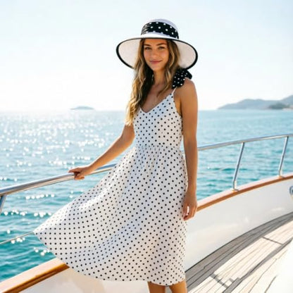 DRESHOW Sun Hats for Women Travel Fedora Foldable Beach Sun Hat Summer Wide Brim Straw Bucket Hat with Bowknot UPF 50+ - color: 1 Pack Bowknot Straw Hat: White (Black Polka Dot Band)