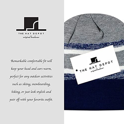 Winter Knit Beanie Hat with Pom Pom – Warm Cuffed Slouch Ski Cap for Men & Women - color: 2.navy and Gray