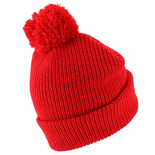 Trendy Apparel Shop XXL Oversized Solid Pom Pom Winter Ribbed Cuffed Beanie - color: Red