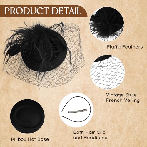 Fascinator Hat Veil Feather Fascinator Tea Party Bridal Wedding Veil Retro Hat Pillbox Hat - color: Black