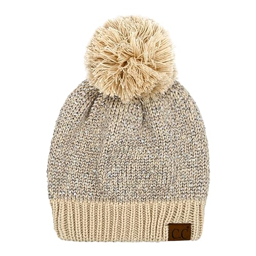 C.C Sequin Pom Beanie for Women - Acrylic Stretchable Soft Warm Knit Winter Skully Hat with Yarn Pom - color: Sequin-beige / Silver