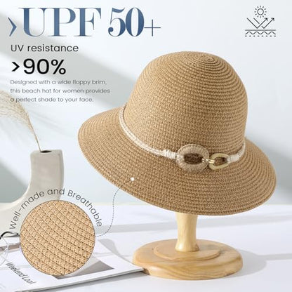 Pleneal Beach Sun Staw Hats for Women, UPF 50+ Foldable Wide Brim Sun Hat - color: Khaki - B