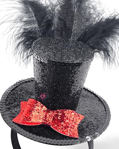 Black Mini Top Hat Headband Fascinator Feather Crazy Hat for Halloween Carnival Christmas Holiday Costume