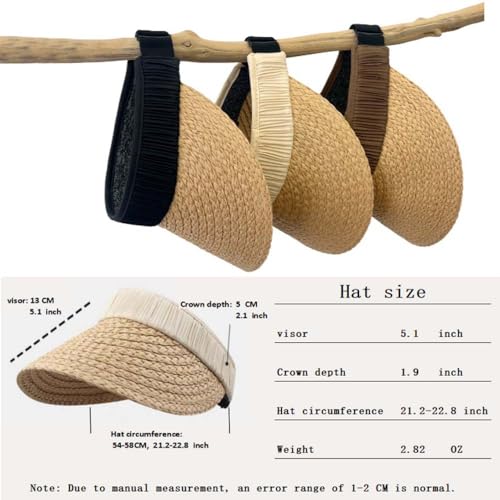 Sun Visor Hats for Women Wide Brim Straw Visors Womens Foldable Beach Visors Summer Packable Ponytail Beach Hat UPF50+ Khaki