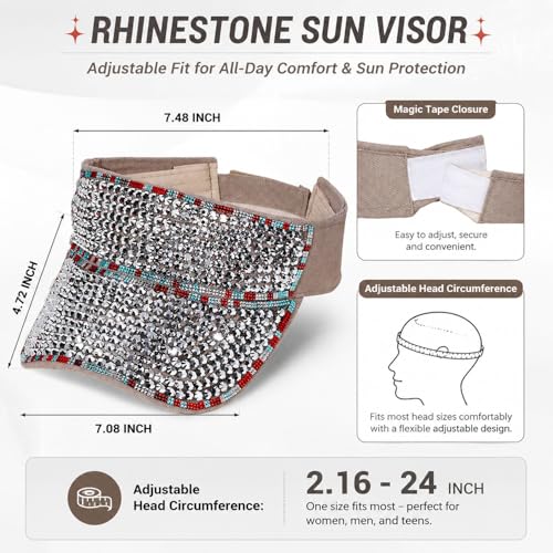 Shiny Women's Bling Rhinestone Visor Sun Protection for Tennis Golf Beach - color: Khakisliverf