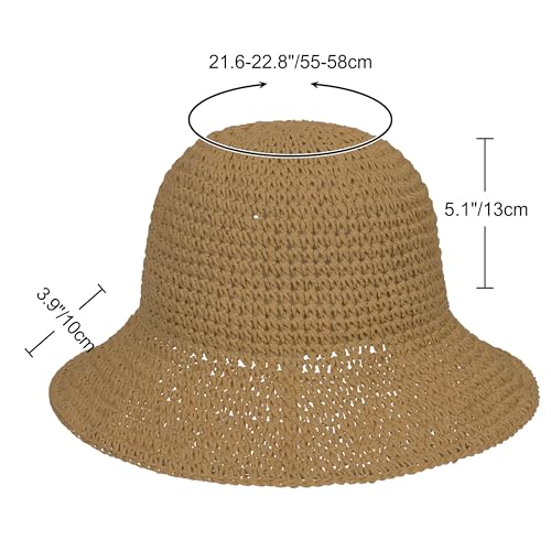 Womens Sun Hat Handmade Crochet Straw Bucket for Summer Foldable Travel Cap - color: Khaki