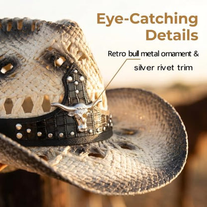 Straw Cowboy Hat for Men Women, Breathable Lightweight - color: Black-m