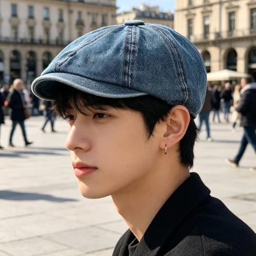Quanhaigou Newsboy Flat Cap, Men's Vintage Gatsby Ivy Cabbie Hat, Beret Golf Driving Hats - color: Plain Denim Navy