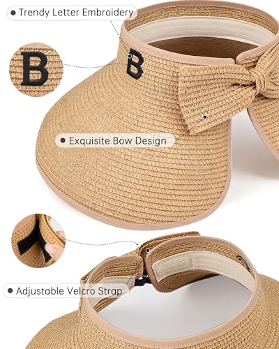 Beach Straw Sun Hat for Women, Wide Brim UV Protection Visors Hat with Ponytail Opening, Foldable Summer Travel Hat - color: Khaki - Initial B