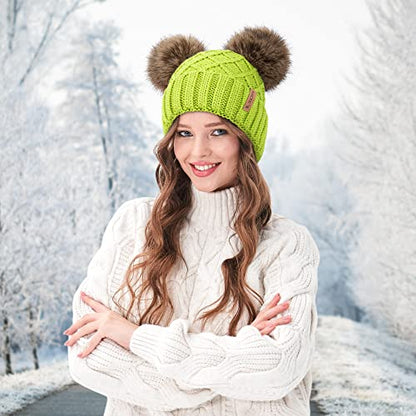 Arctic Paw Womens Winter Hat Cable Knit Beanie for Women Faux Fur Pompom Ears - color: Light Green Hat Coffee Ball