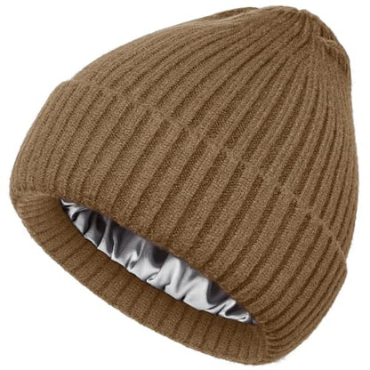 Satin Lined Wool Acrylic Blend Beanie Hat Women Men, Winter Knit Cap - color: Light Coffee