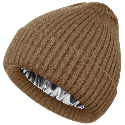 Satin Lined Wool Acrylic Blend Beanie Hat Women Men, Winter Knit Cap - color: Light Coffee