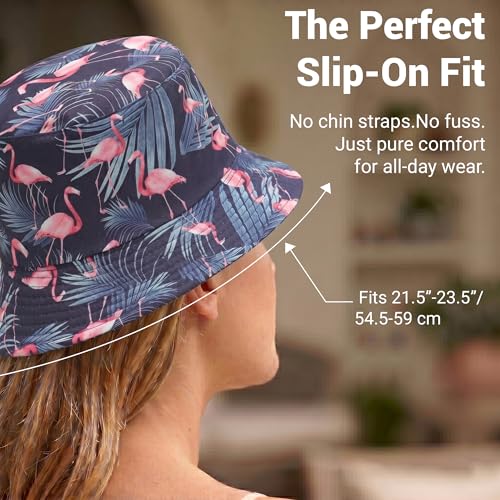 ZLYC Printed Bucket Hat for Women Men Packable Summer Sun Hat for Beach - color: Flamingo Navy