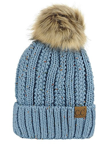 C.C Thick Cable Knit Faux Fuzzy Fur Pom Fleece Lined Skull Cap Cuff Beanie - color: Confetti Denim