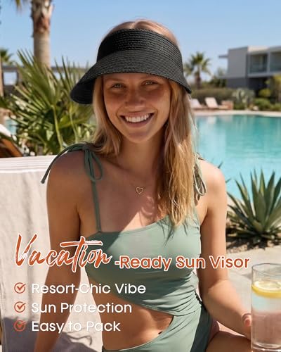 FURTALK Sun Visors for Women Straw Summer Hat Packable Wide Brim Beach Cap - color: Black